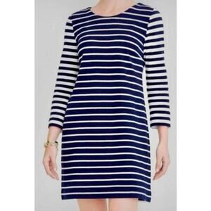 J Crew XS Mini Nautical Maritime Shift Dress Blue White Stripe Long Sleeves